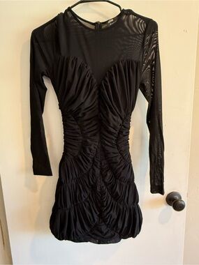 Black Ruched Long-Sleeve Women’s Mini Dress